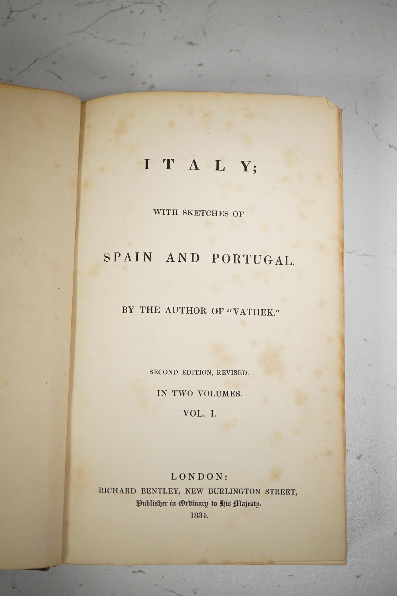 [Beckford, Peter] Italy; with Sketches of Spain and Portugal ... 2nd edition, revised, 2 vols. old half calf and marbled boards, 1834